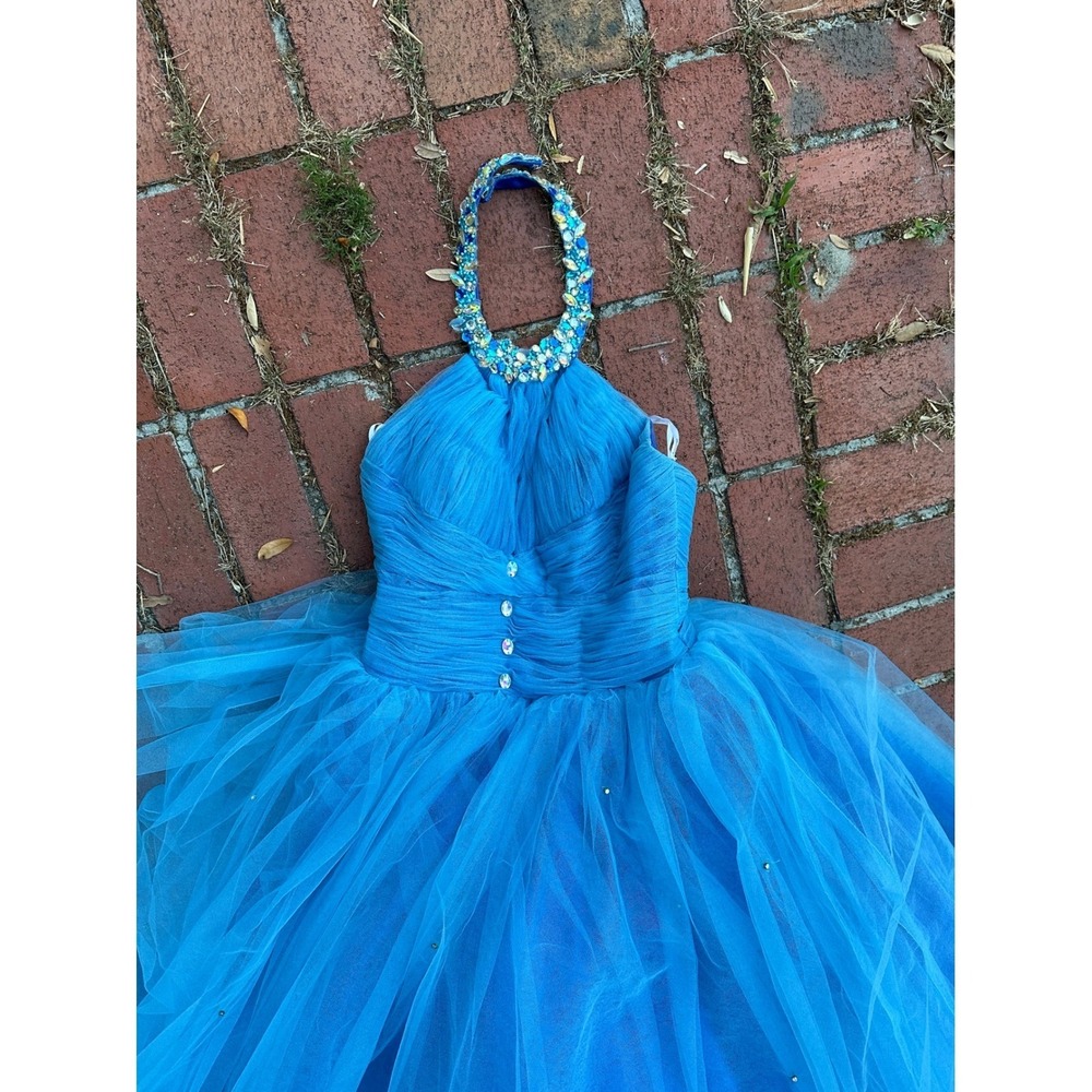 Alyce Designs Blue Tulle Halter Ball Gown Crystal Embellished Prom Dress
